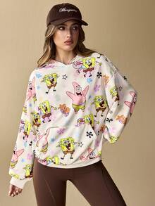 SpongeBob SquarePants | SHEIN Women's Cartoon & Floral Pattern Hooded Long Sleeve Pullover Sweatshirt