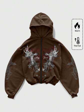 Goth Felpa con cappuccio casual da uomo con chiusura lampo e motivo a croce, felpa versatile a maniche lunghe