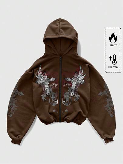 Goth Sudadera con capucha casual con cremallera y diseño de cruz para hombres, versátil sudadera de manga larga
