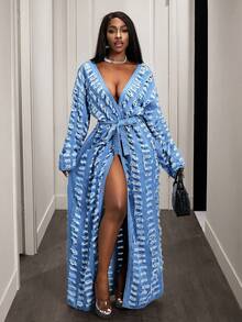 Slaydiva 女士休闲宽松长袖打结腰身牛仔外套，浅蓝色长款罩衫，浅蓝色做旧牛仔外套 - 藍色 - 查看 7