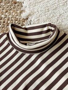 SHEIN Baby Girl Striped Turtleneck Long Sleeve Top And Flare Pants Set, Fashionable & Minimalist - Coffee Brown - View 7