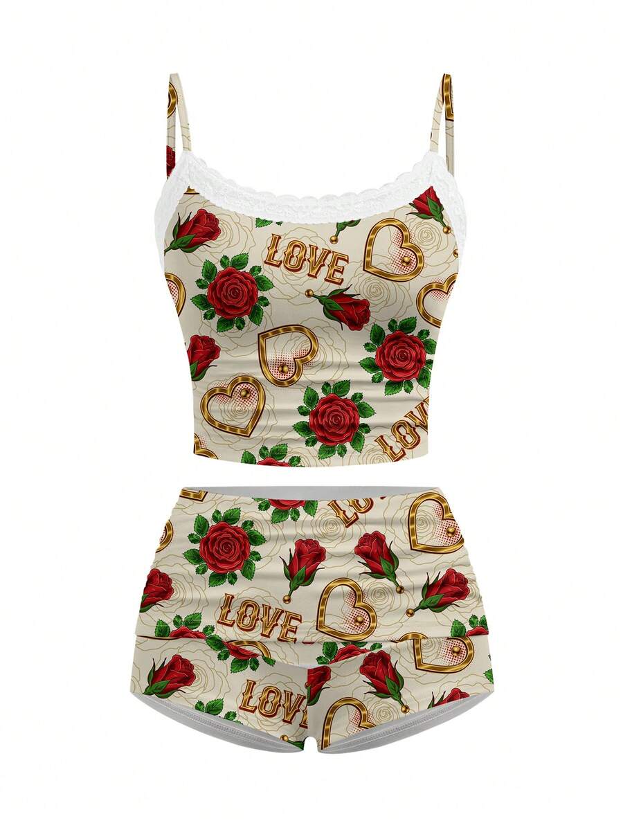 Glamance Vecteezy 两件套女士爱心玫瑰印花吊带背心和短裤套装，适合冬季和情人节穿着 - 彩色 - 查看 1