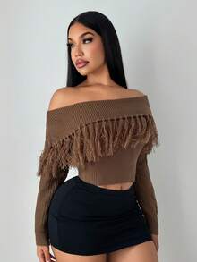SHEIN SXY Women's Solid Color Minimalist Off Shoulder Fringe Long Sleeve Casual Sweater Brown - Coffee Brown - View 6