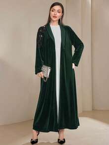 Al Najma 女士优雅亮片装饰阿拉伯风格长袍，秋季款，端庄优雅的天鹅绒长袍，带纽扣，适合晚宴/婚礼宾客/周年纪念日穿着 - 墨綠色 - 查看 7