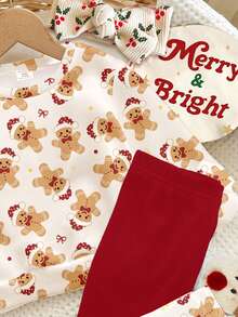 SHEIN Weihnachtsfeier, cremeweiß & burgunderrot, süßer Lebkuchenmann & Schleifen-Muster, Baby Mädchen Lässig weich warm Rundhals Langarm Sweatshirt und Leggings Set, geeignet für Herbst/Winter Alltagstragen, Weihnachten, Neujahr, Straßenmode, Zuhause, Urlaub