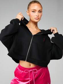 Missguided x Playboy 水钻字母印花连帽衫 全拉链抽绳卫衣 - 黑色 - 查看 2