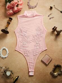 Mono elegante y sexy con cuello alto y bordado de encaje - Rosa - Ver 8