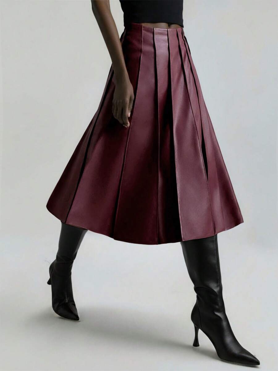 Ontre 2026SS Falda A-Line para fiestas y vacaciones de mujer, de cuero de poliuretano burdeos, adecuada para todas las estaciones, elegante y versátil, diseño minimalista, falda plisada - Burdeos - Ver 1