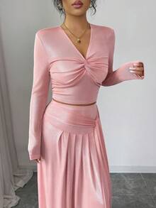 Elenzga Damska elegancka moda, dojazdy do pracy, swobodna, wygodna, urocza, retro, minimalistyczna, ekskluzywna, romantyczna, świąteczna, delikatna, damska, długi rękaw, dekolt w serek, marszczona z przodu, węzeł skręcany, linia A, plisowana z przodu, kokarda, jednolity kolor, dzianina, brokat, dwuczęściowy zestaw