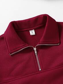 少女纯色落肩长袖拉链半开襟休闲抓绒卫衣，秋冬季