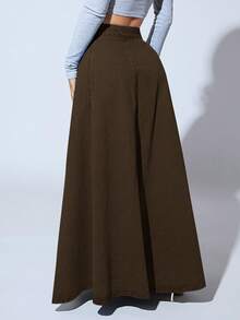 SHEIN SXY Chân váy Maxi denim dài màu trơn cạp cao - Màu Khaki - Xem 2
