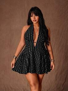 Rustia 大码女士时尚波点吊带性感A字迷你连衣裙 - 黑與白 - 查看 4