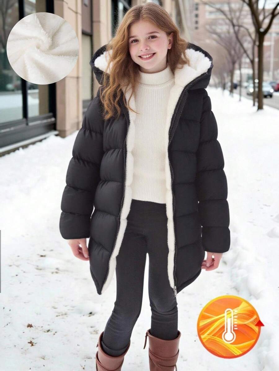 SHEIN 1 件青少年女孩休闲棉衣，中长款，百搭秋冬 - 黑色 - 查看 1