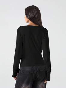 LYSMO Women's Solid Color Long Sleeve Plunging Neck Fashionable Versatile Sexy Blouse