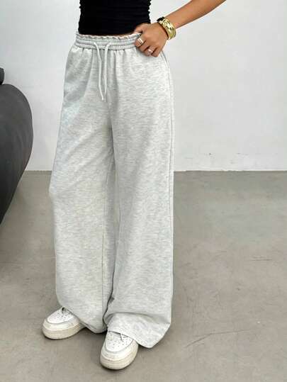 SHEIN Teen Girl Basic Knit Light Gray Drawstring Waist Loose Casual Wide Leg Pants
