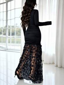 Rafferiza 女士时尚高领长袖褶皱网纱修身中长连衣裙，适合日常穿着、婚礼、晚宴、通勤、毕业派对、节日、约会、聚会、万圣节、圣诞节、新年、感恩节等场合。 - 黑色 - 查看 3