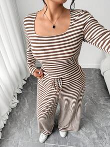 SHEIN EZwear 大码条纹上衣和裤子休闲两件套 - 彩色 - 查看 6