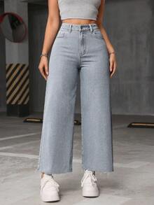 SHEIN ICON 大码女式休闲百搭毛边阔腿牛仔裤 - 淺灰色 - 查看 1