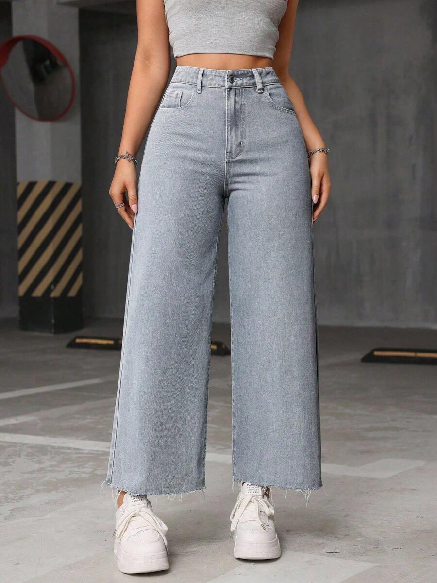 SHEIN ICON 大码女式休闲百搭毛边阔腿牛仔裤 - 淺灰色 - 查看 1
