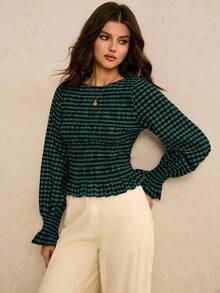 Poéselle Women's Striped Round Neck Long Sleeve Ruffle Hem Fashionable Blouse Green Blouses Plaid Tops Green Tops For Women Puff Sleeve Tops - Dark Green - View 4