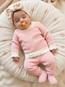 SHEIN Bộ 2 món áo len và quần cho bé gái sơ sinh, thanh lịch và mềm mại, phù hợp cho mùa thu/đông, thường ngày, đi chơi, du lịch, nhà trẻ - Hồng - Xem 6