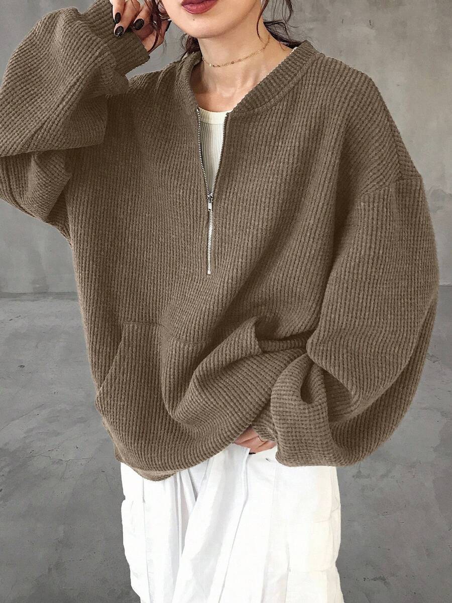 FRIFUL 女士超大款半拉链华夫格针织面料纯色金属拉链装饰T恤 - 摩卡棕 - 查看 1