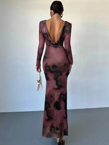 Firerie Women's Burgundy Coffee Color Wavy Print Long Sleeve Backless Dress,Seductive Autumn Mesh Lining Fishtail Hem Elegant Night Out Party Wedding Dress - Brown - View 2