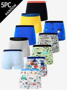 5pcs/Pack Boys' Comfortable Dinosaur & Excavator Printed Briefs Underwear - Multicolor - View 3
