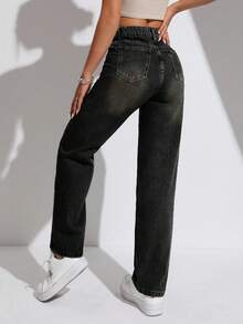 SHEIN PETITE 女士休闲水洗斜口袋直筒牛仔裤 - 黑色 - 查看 2