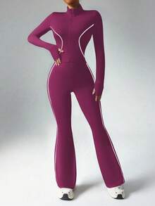 Dewbera 2pcs Women's Sports Suit Set, Zip-Up Long Sleeve Jacket With Thumb Hole, Stand Collar, Contrast Stripe And High Waist Flared Pants With Contrast Stripe, Suitable For Daily Casual Wear, Running, Yoga, Gym - Purple - View 2