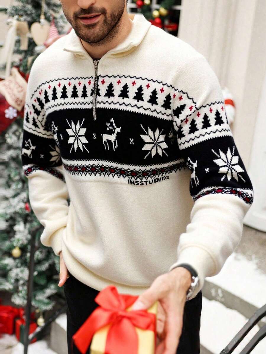 Manfinity Homme 男士休闲拉链半开襟毛衣,适合圣诞节、秋冬季穿着,针织套头衫,复古旗帜图案针织套头衫,男士圣诞毛衣套头衫 - 杏色 - 查看 1