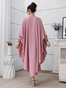 Al Najma Women's Loose Fit Beaded Collar Floral Long Robe Dress, Pink - Pink - View 7