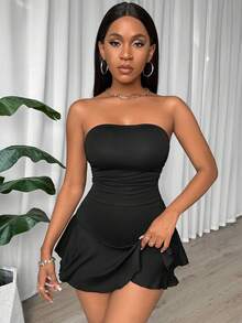 VaVaBold 女士純色簡約無肩跨條連體褲，荷葉邊裝飾，適合日常穿著 - 黑色 - 查看 6