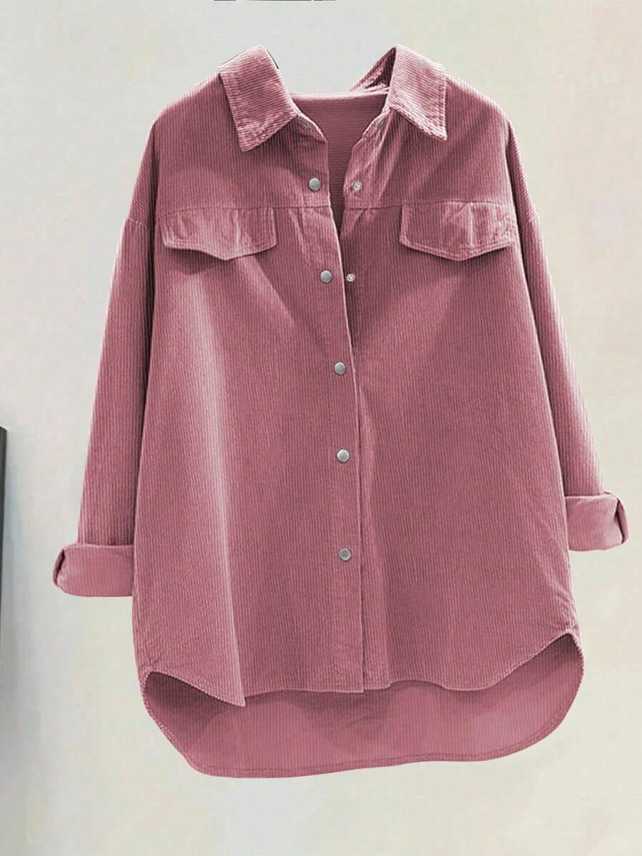 SHEIN LUNE Plus Size Regular Flannel Long Sleeve Loose Shirt Fall Cloth For Women - Dusty Pink - View 1
