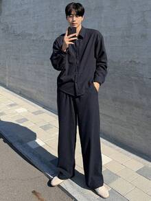 DAZY 纹理面料藏蓝色男士短袖衬衫套装，秋季 - 藏蓝色 - 查看 7