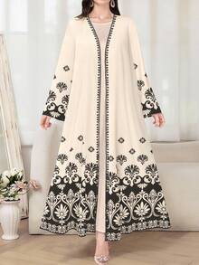 SHEIN Najma 女士黑色印花长袖休闲阿拉伯长袍，春秋季 - 彩色 - 查看 1