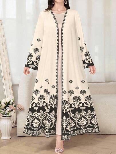 SHEIN Najma 女士黑色印花长袖休闲阿拉伯长袍，春秋季