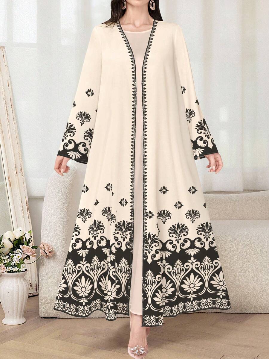 SHEIN Najma 女士黑色印花长袖休闲阿拉伯长袍，春秋季 - 彩色 - 查看 1