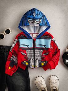 Transformers X SHEIN 男婴休闲酷炫机甲印花拉链连帽保暖外套，秋冬款 - 彩色 - 查看 1