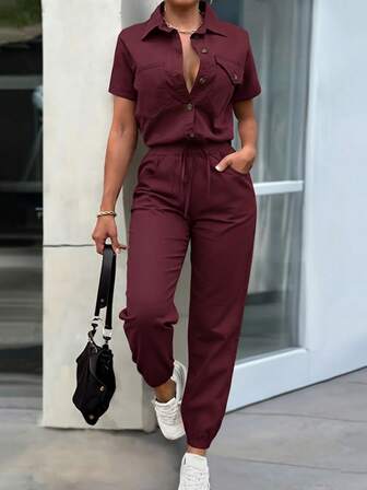 EMERY ROSE Blusa holgada con decoración de botones y bolsillos, y mono de tobillos entubados, elegante para primavera/verano de mujer