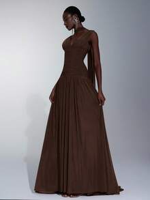 Elitara Elegant Wine Red Glossy Mesh V-Neck Ruched Super Flared A-Line Skirt (Detachable Halter Chiffon Flounce), Suitable For Dates, Singles Parties, Weddings, Formal Events, Bridesmaid Dress