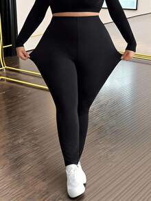 SHEIN CURVE+ Set da 2 pezzi in colori neutri abbinato a leggings aderenti adatti per l'autunno e l'inverno, set da 2 pezzi in nero e grigio per taglie forti - Multicolore - Visualizzare 3