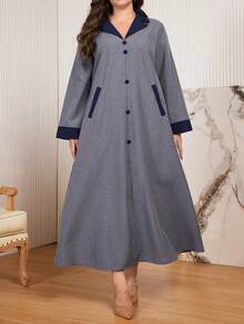 Al Najma Casual Color Block Button Decor Long Sleeve Loose Regular Dress, Plus Size, Spring/Autumn - Multicolor - View 3