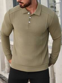 Manfinity Homme Men's Solid Color Button Casual Versatile Long Sleeve Polo Shirt Men Knit Shirt Men Long Sleeve Polo Shirt Khaki Shirts For Men Men's Casual Tops Tan Tops Men - Khaki - View 3