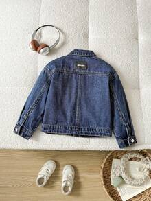 男童新款时尚休闲复古宽松藏蓝色牛仔夹克，带贴布，适合秋冬季日常穿着、街头风、圣诞节、新年、感恩节等场合，时尚百搭，保暖舒适，蓝色外套，Y2K风格，超大款外套，宽松外套，2000年代风格