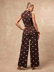 Lumalex 波点V领超大口袋直筒阔腿加长女装两件套，奢华舞会聚会派对宴会低调奢华闪亮节日派对狂欢节郊游度假热门户外层次丰富婚礼季宴会身份证古尔邦节派对新年派对晚宴礼服早春 - 咖啡棕 - 查看 3
