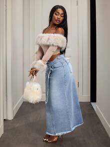 Slaydiva 女士休闲毛边牛仔迷你裙 - 藍色 - 查看 6