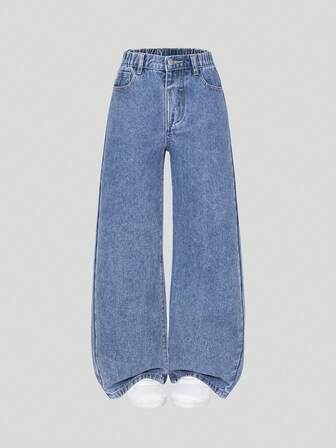 SHEIN 女童百搭休闲牛仔裤，百搭实用，适合所有季节，时尚简约风格，松紧腰带，拉链闭合，水洗牛仔七分裤