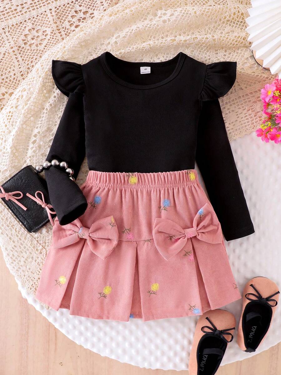 SHEIN Elladie kids 小女孩可爱休闲短袖罗纹上衣和刺绣半裙套装,舒适甜美 - 黑色 - 查看 1