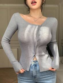 DAZY Cardigan tricotat subțire cu mânecă lungă, culoare solidă, guler asimetric, culoare solidă, croială slim fit pentru femei - Gri deschis - Vizualizare 3